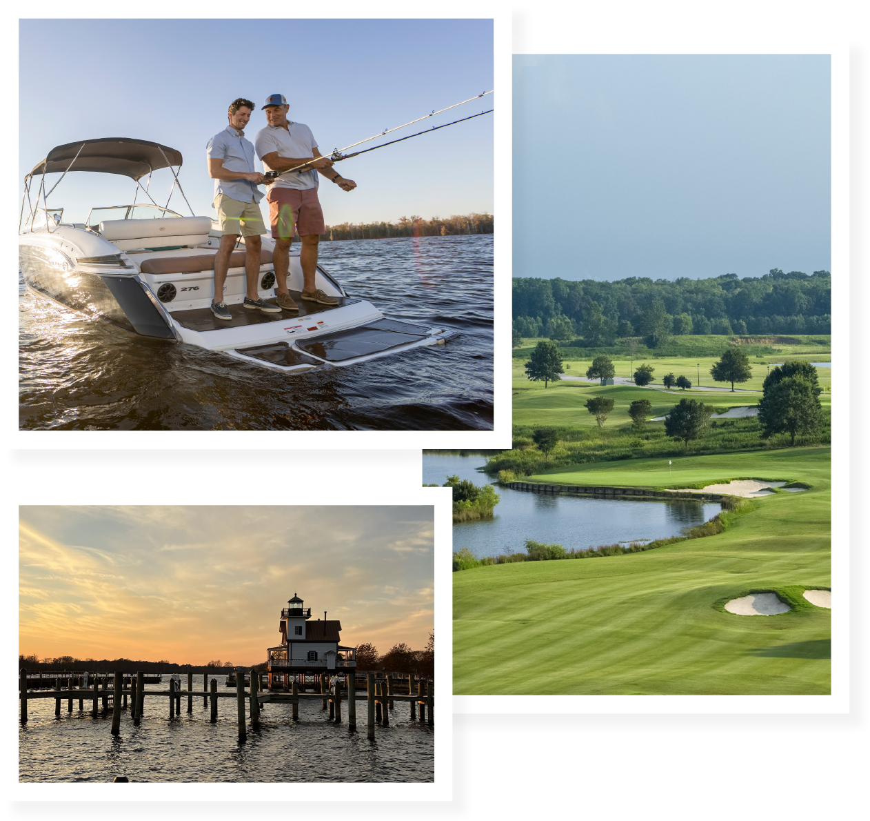 Image collage including fishermen and golf course