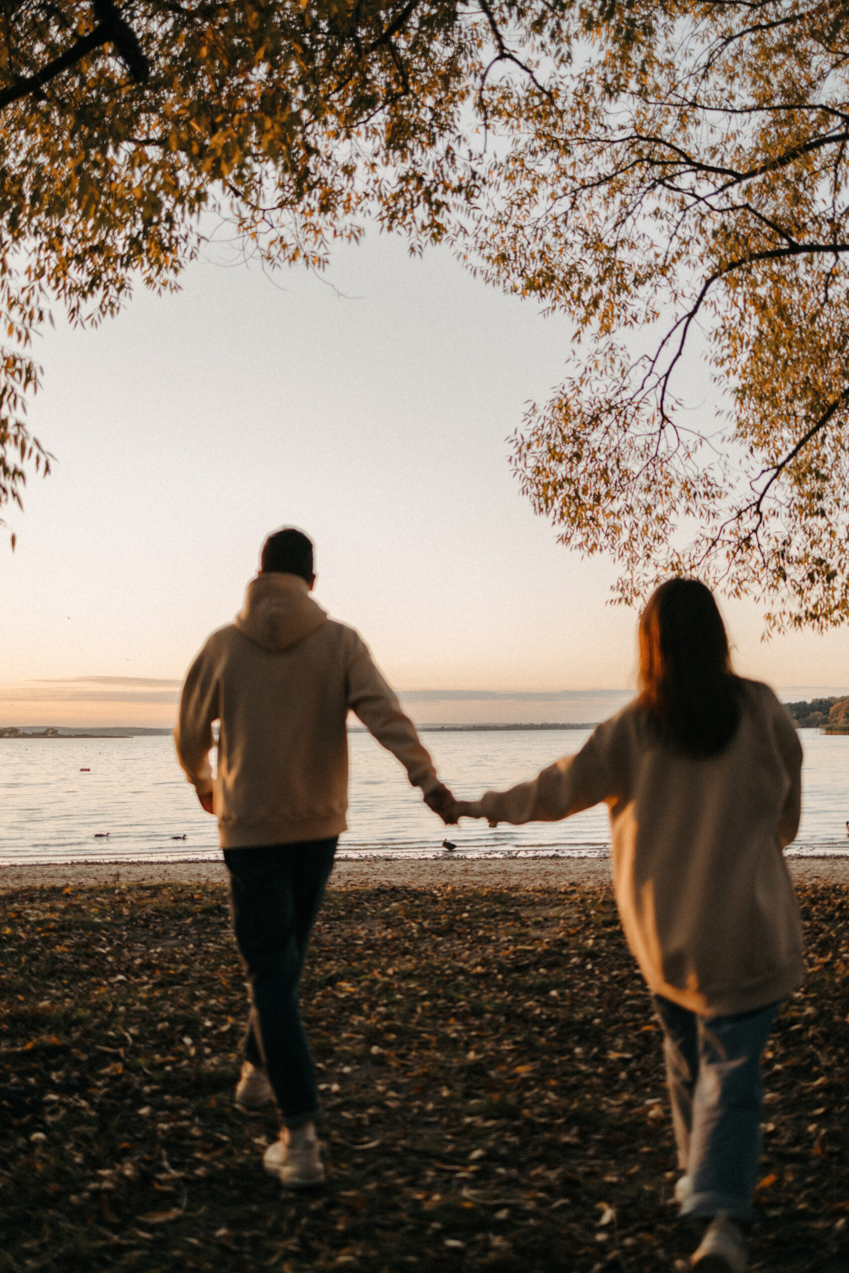 Couple holding hands at sunset on the shoreline