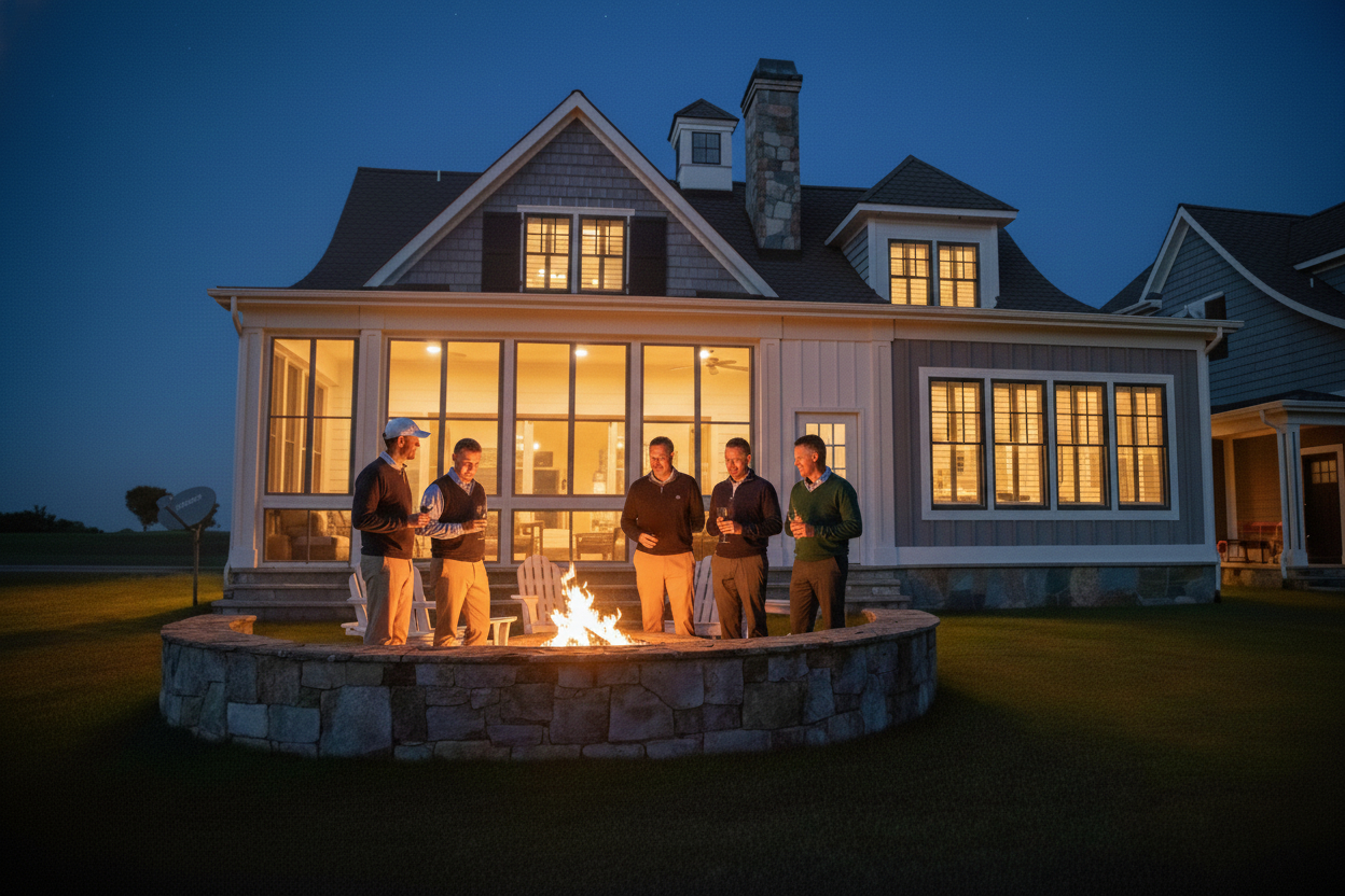 Golfers around a bon fire
